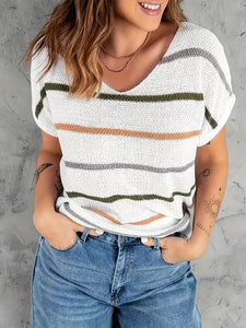 Striped Print Short Sleeve Pullover Sweater