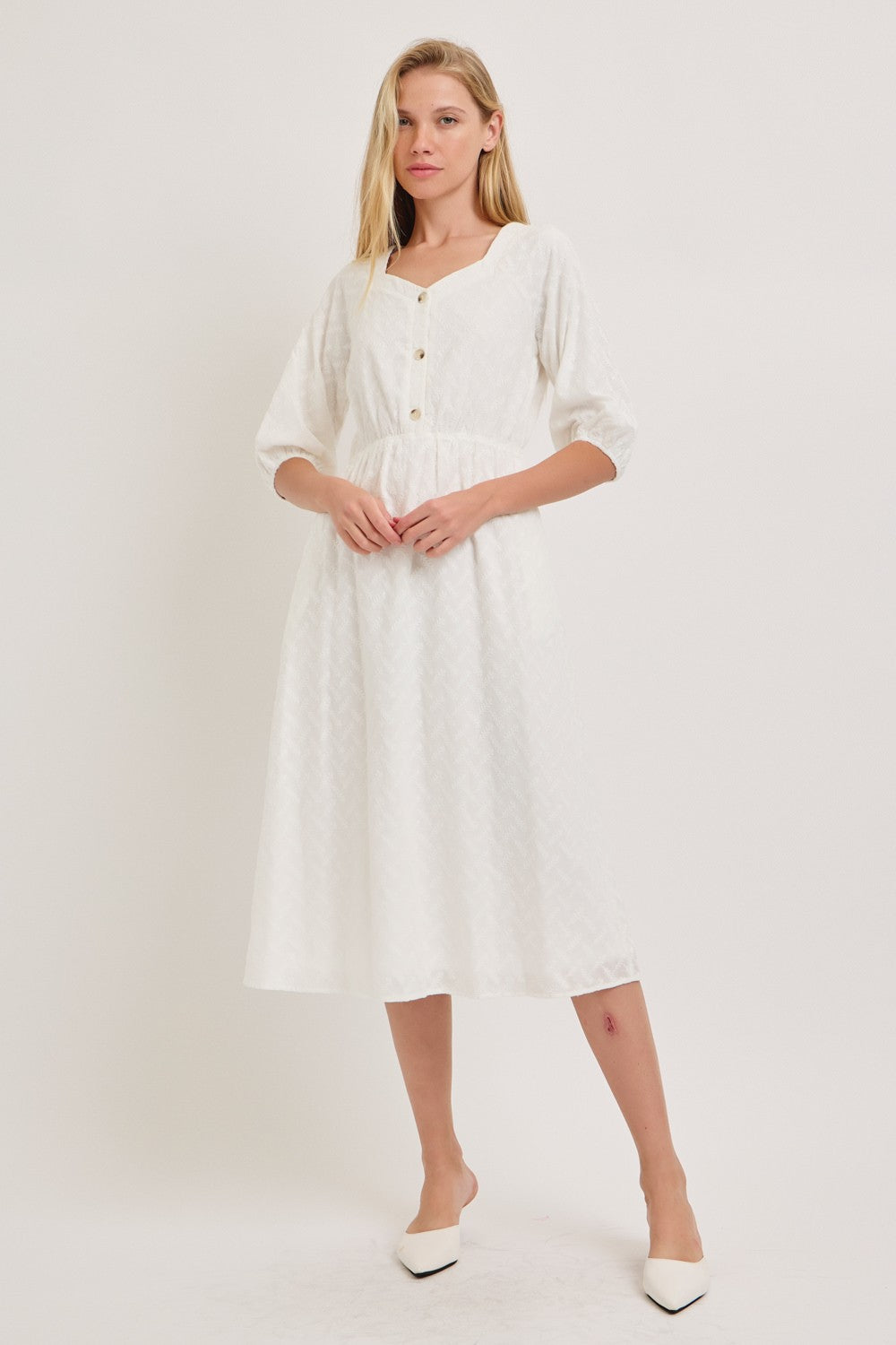 Sweetheart Neck Midi Eyelet Cotton Dress