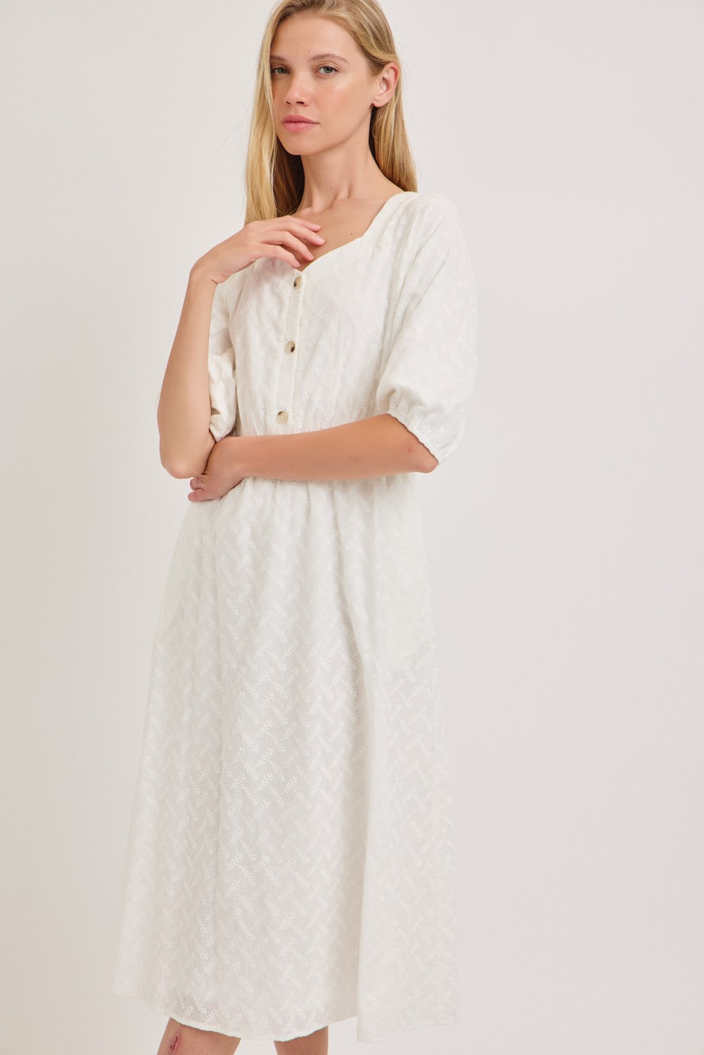 Sweetheart Neck Midi Eyelet Cotton Dress