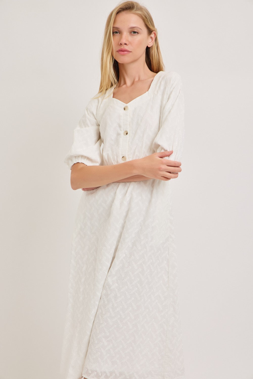 Sweetheart Neck Midi Eyelet Cotton Dress