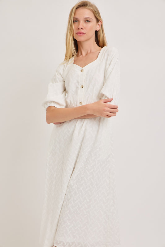 Sweetheart Neck Midi Eyelet Cotton Dress