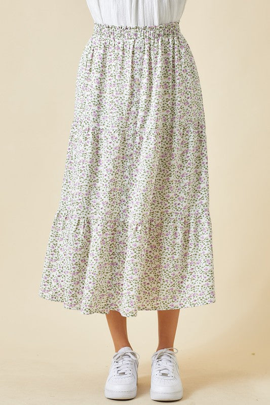 Floral Sage Button Midi Skirt