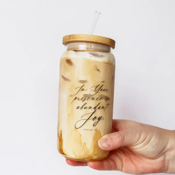 Abundant Joy Iced Coffee Glass Can + Bamboo Lid + Straw