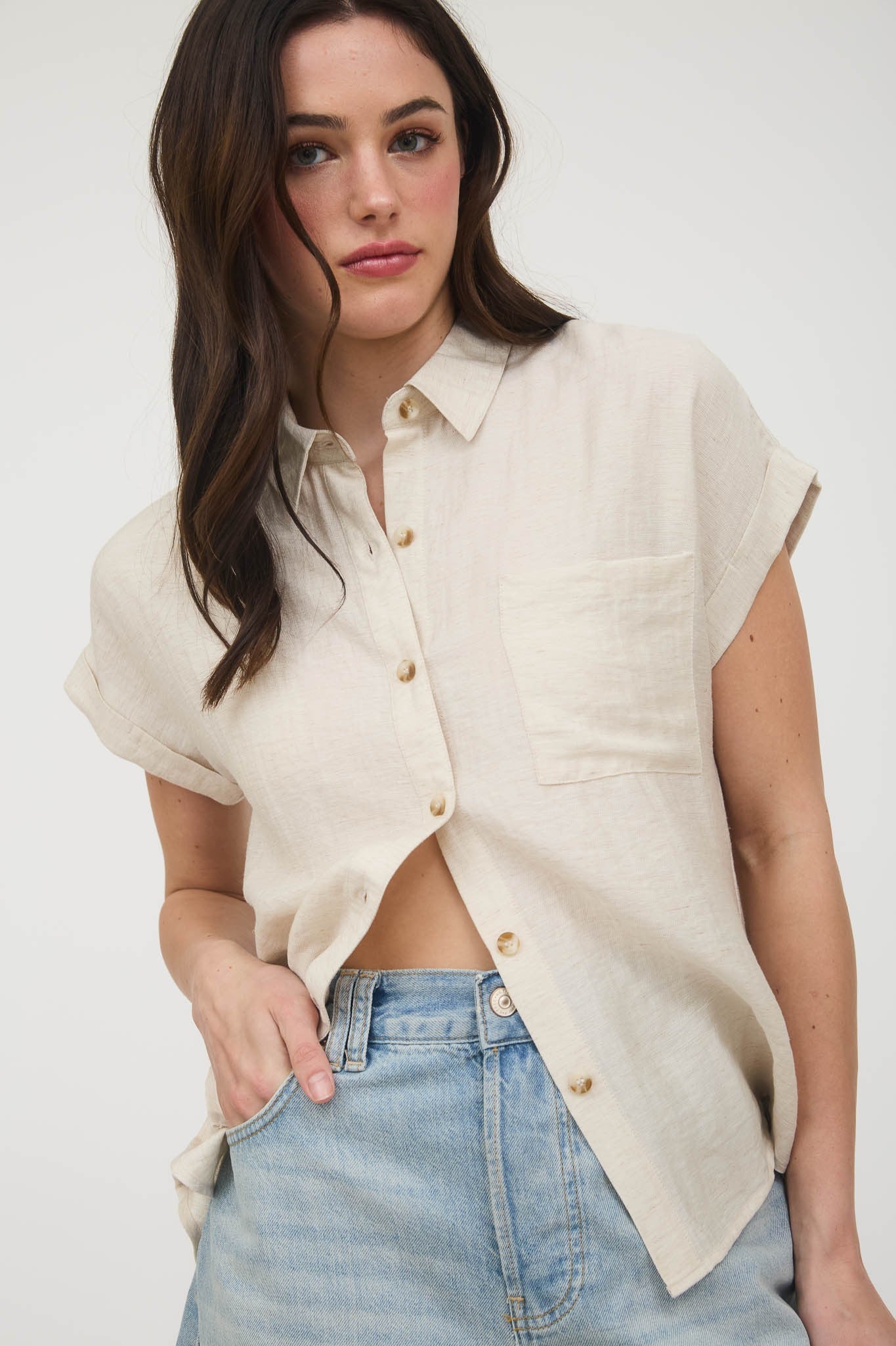 Collared Cuff Sleeve Pintuck Top