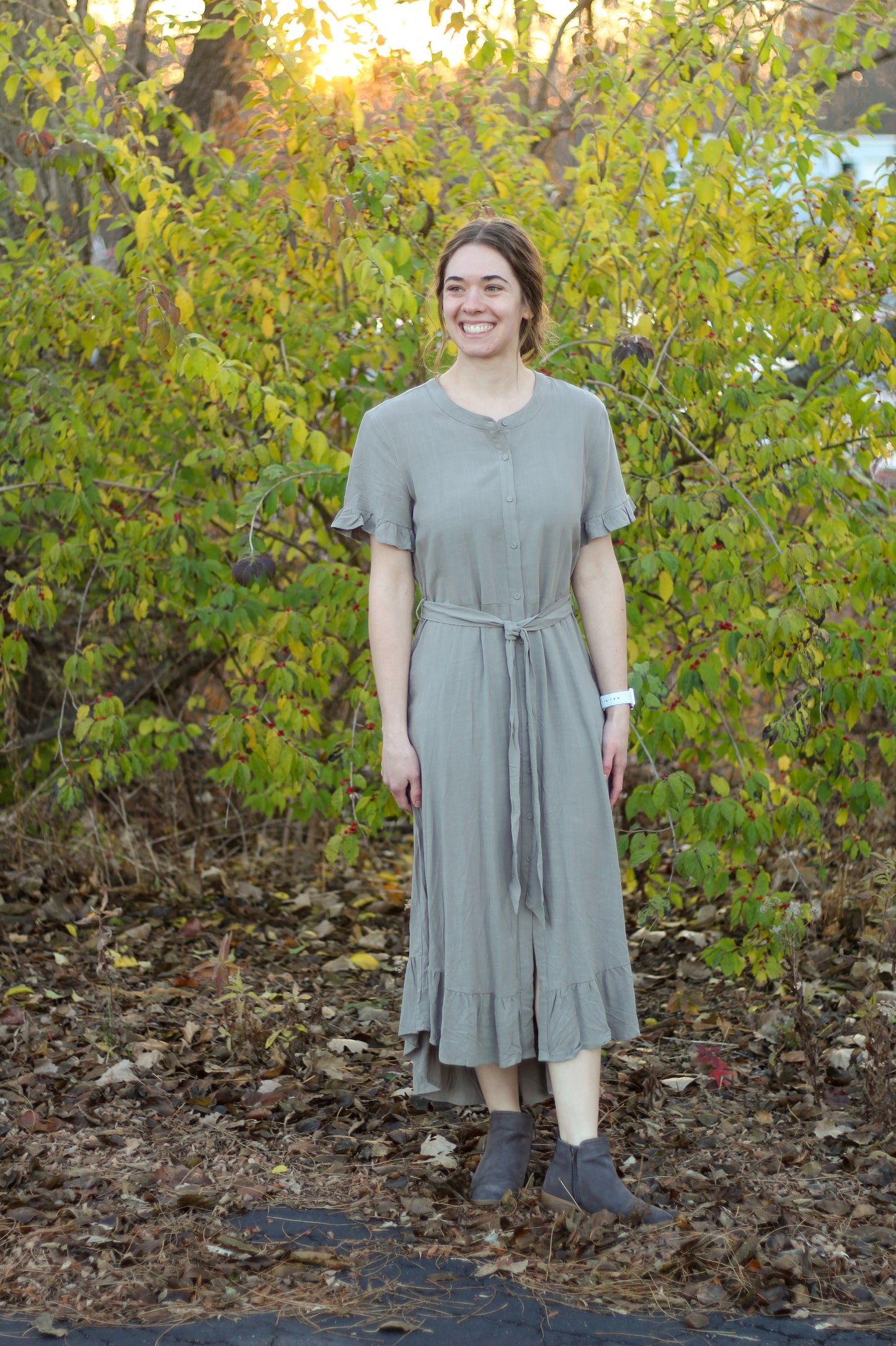 Linen Blend Button Front Ruffled Shirt Dress