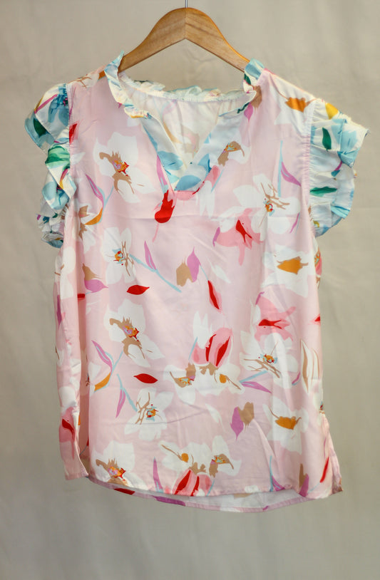 Multicolor Contrast Floral Flutter Sleeve Blouse