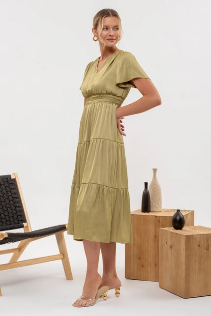 Split Neck Tiered Midi Dress- Olive