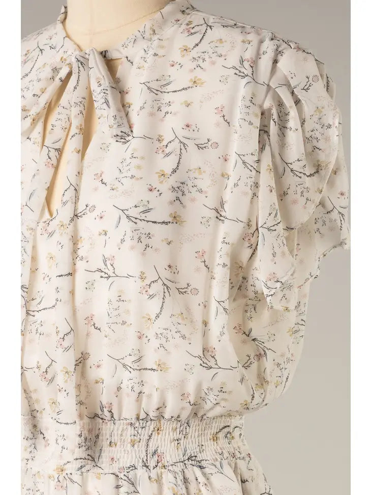 White Cinch Waist Floral Dress
