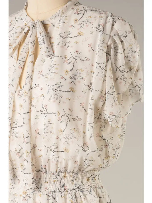 White Cinch Waist Floral Dress