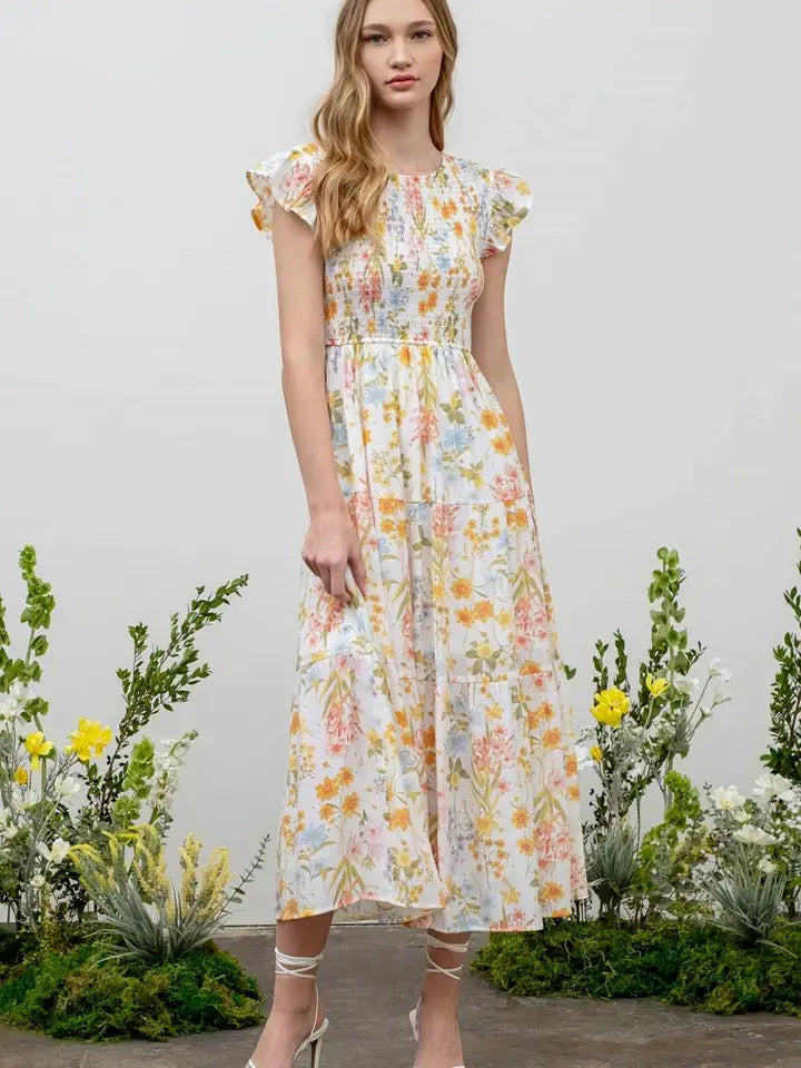 Floral Smocked Ruffle Sleeve Tiered Midi Dress
