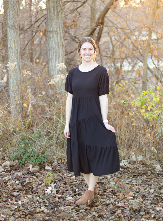 Black Diagonal Tier Midi Dress