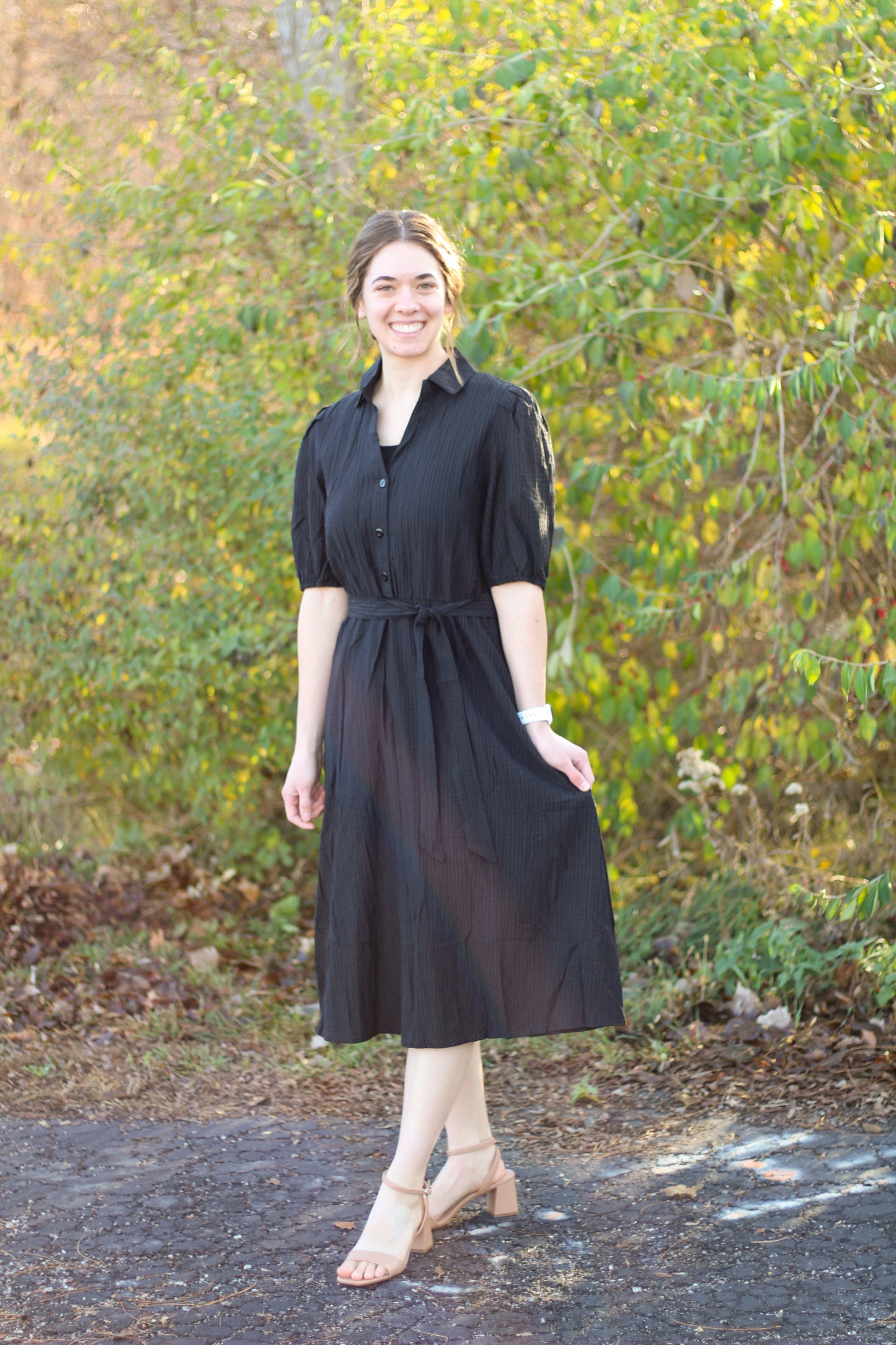 Black Midi V Neck Button Dress