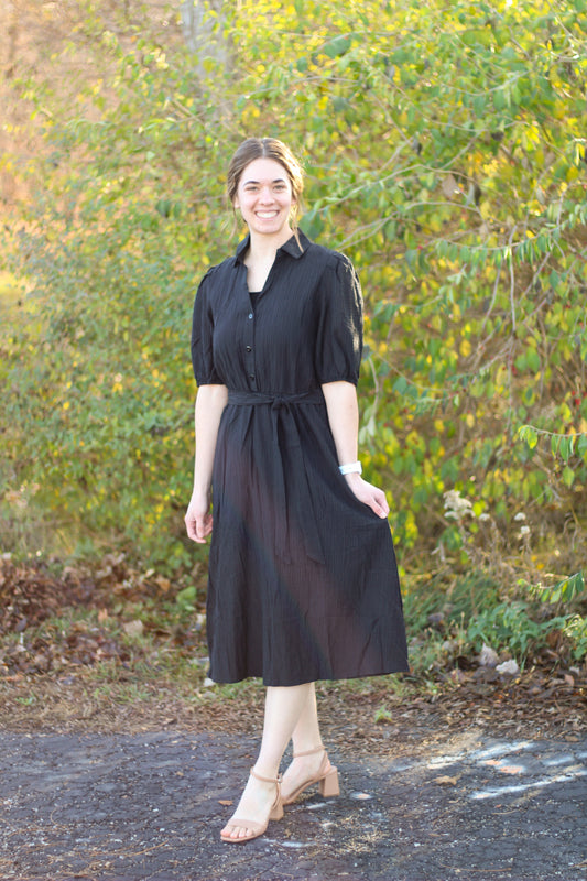 Black Midi V Neck Button Dress