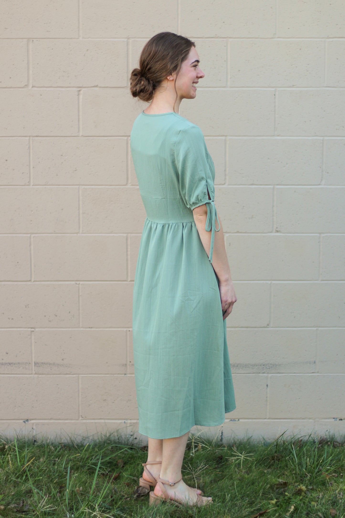 Sage Button V-Neck Linen Dress
