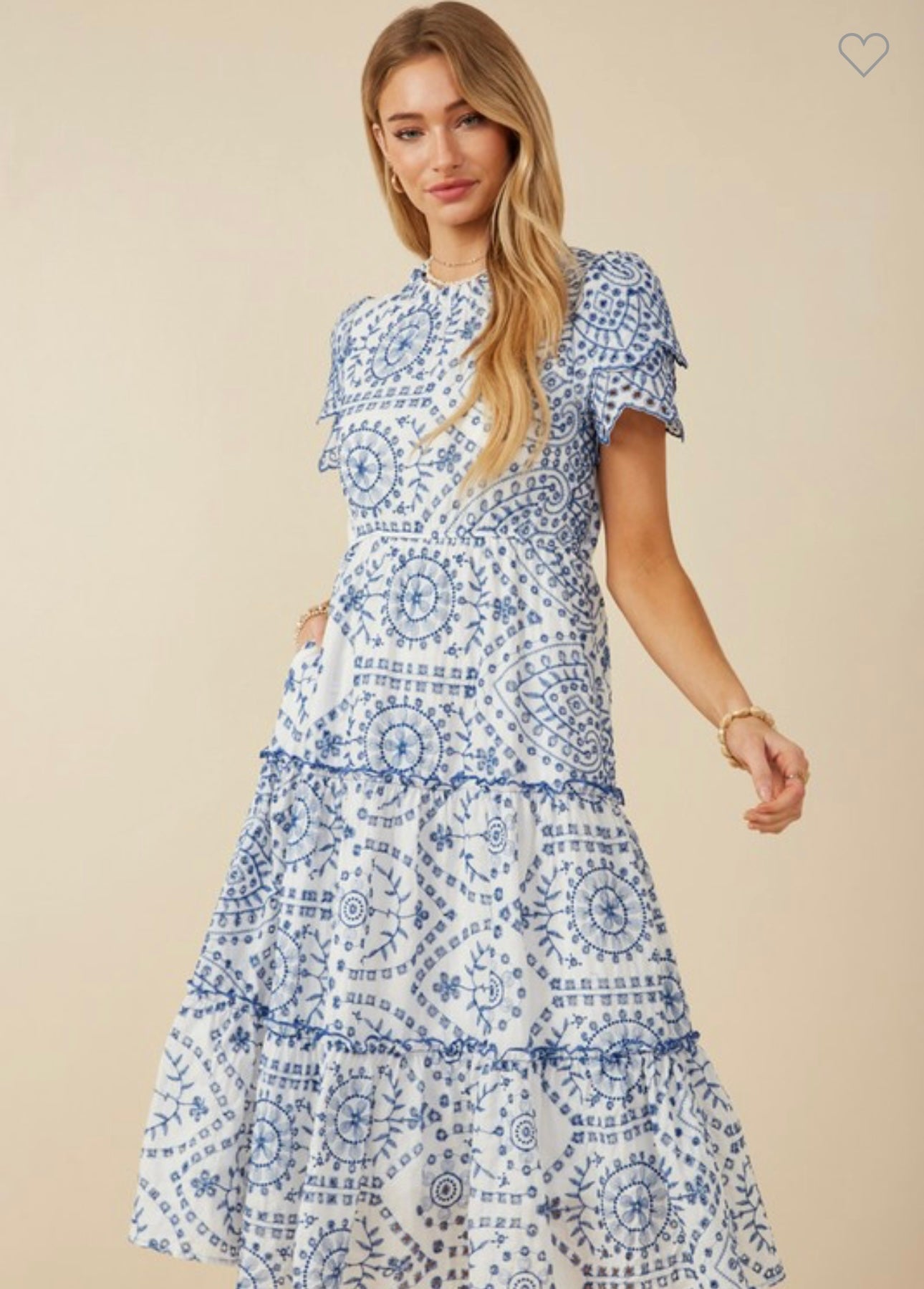 Eyelet Lace Scallop Sleeve Midi Dress