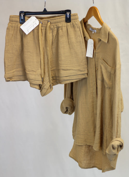 Linen Gauze Tan Button Up