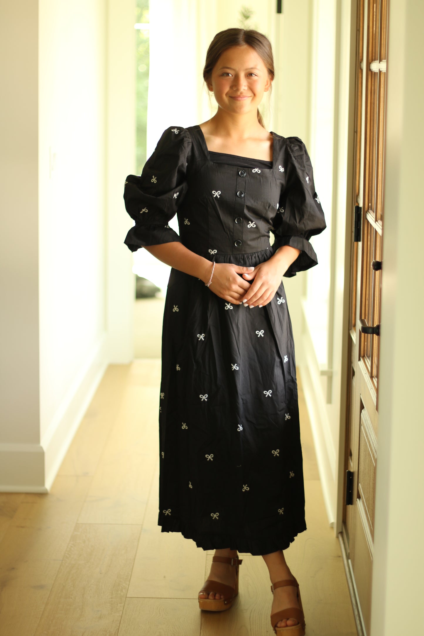 Ribbon Embroidered Square Neck Maxi Dress