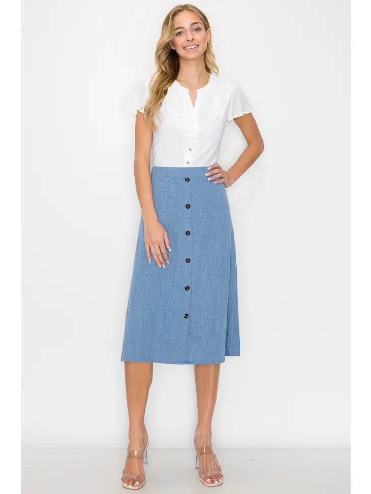 Elastic Waist Button Down Aline Midi Skirt