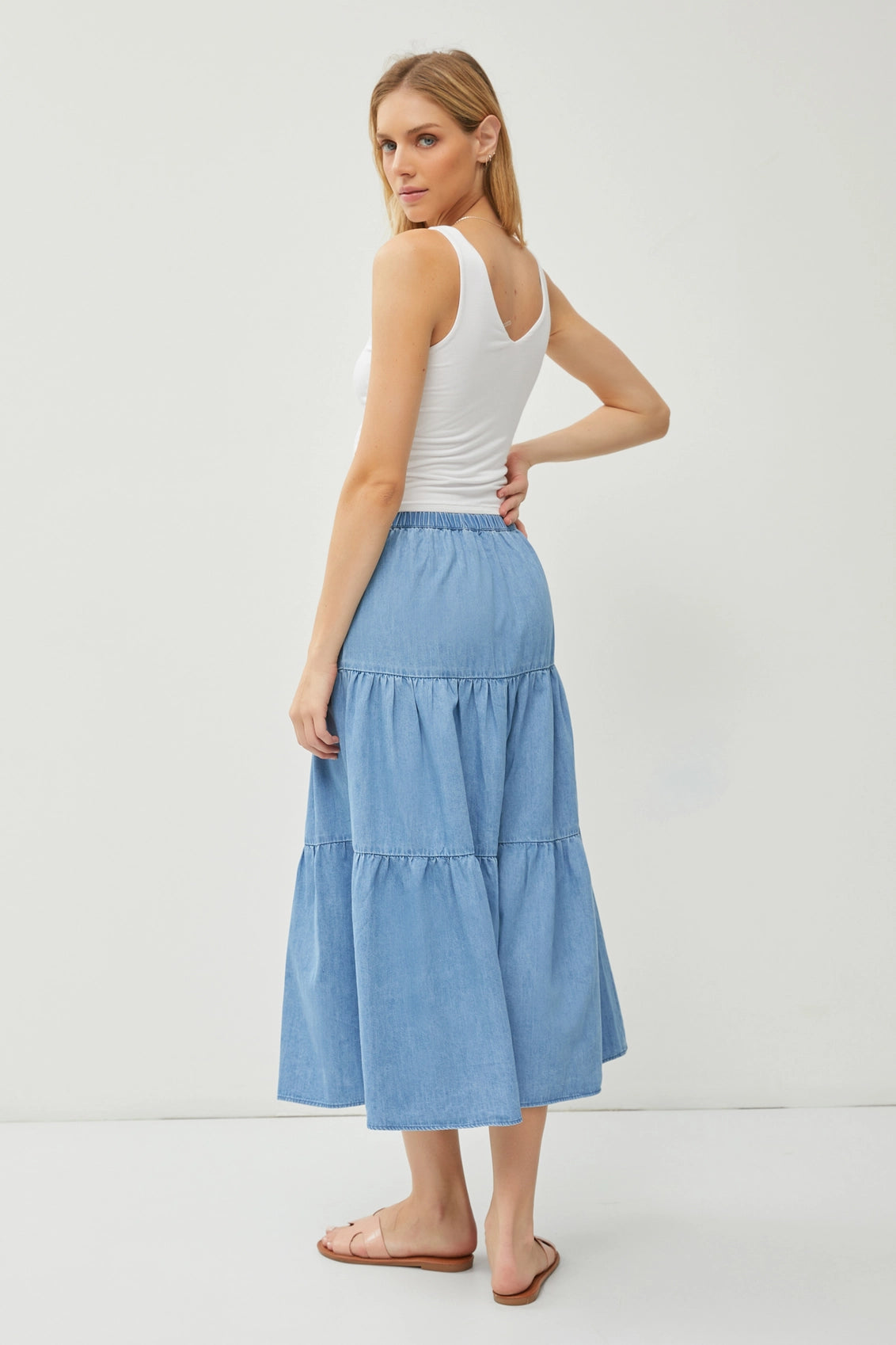 Chambray Tiered Maxi Skirt