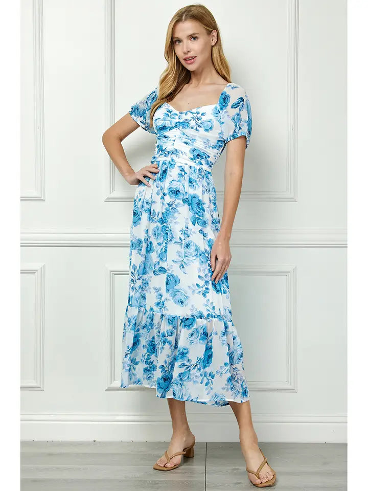 Ruched Bodice Vintage Chiffon Midi Dress