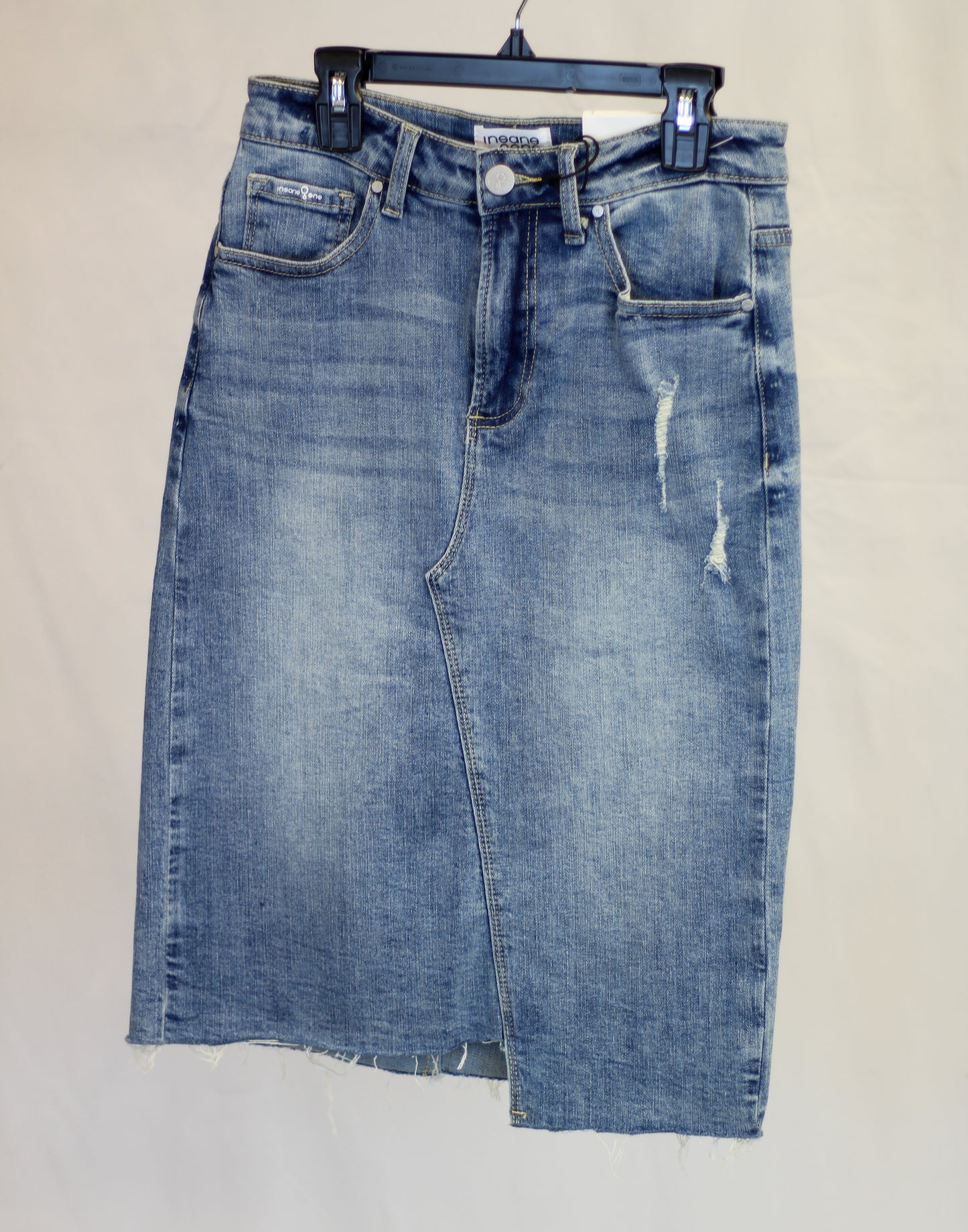 High Rise Distressed Denim Skirt