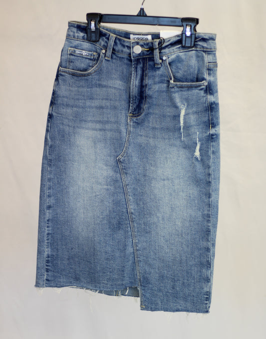 High Rise Distressed Denim Skirt
