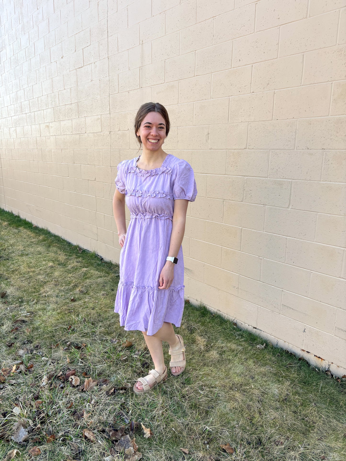 Lavender Square Neck Ruffle Dress