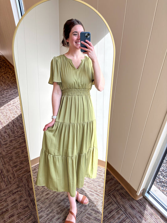 Split Neck Tiered Midi Dress- Olive