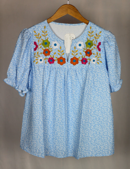 Embroidered Floral Blue Blouse