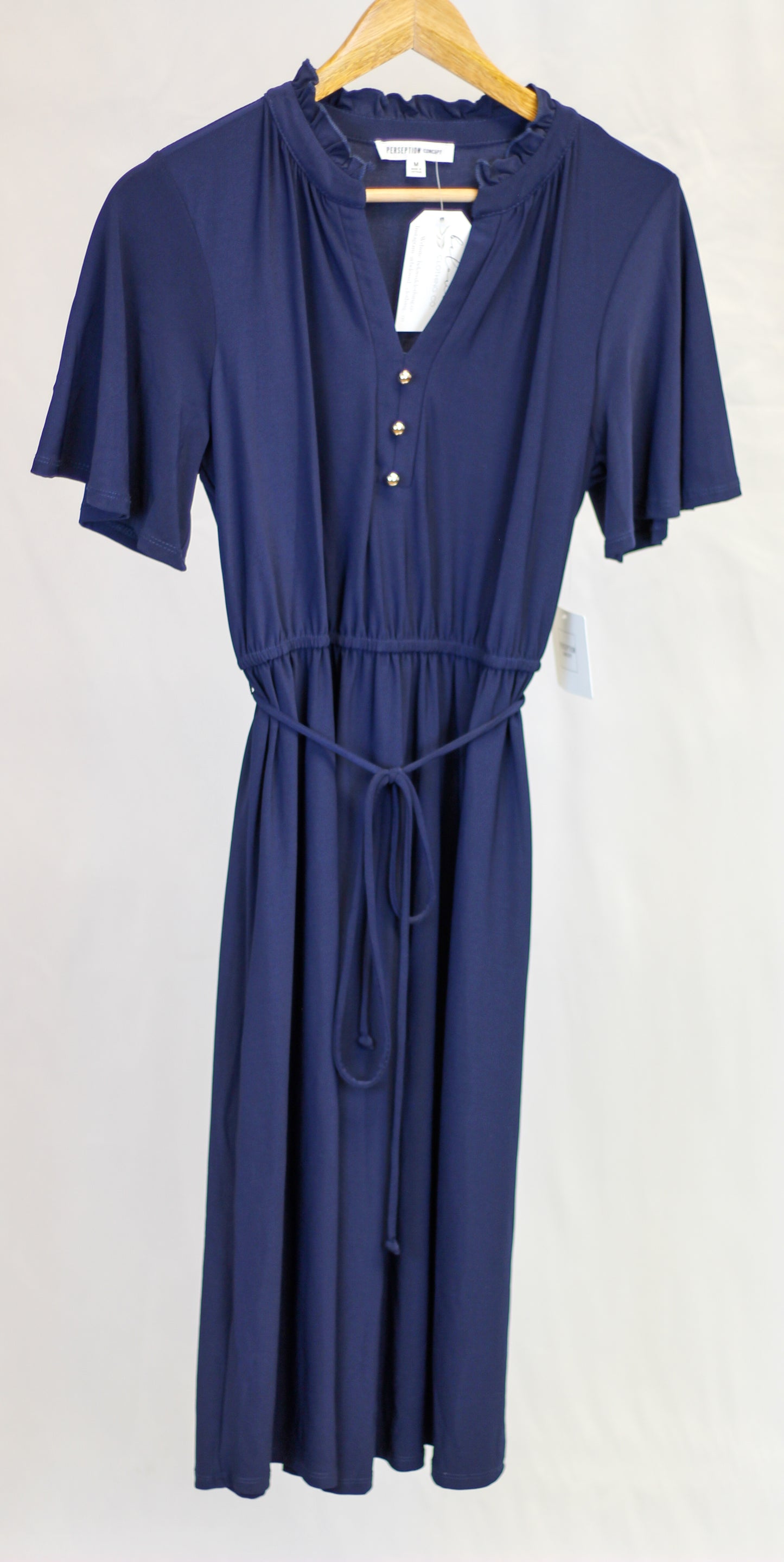 Ruffle Neck Half Placket Short Sleeve Aline Dress