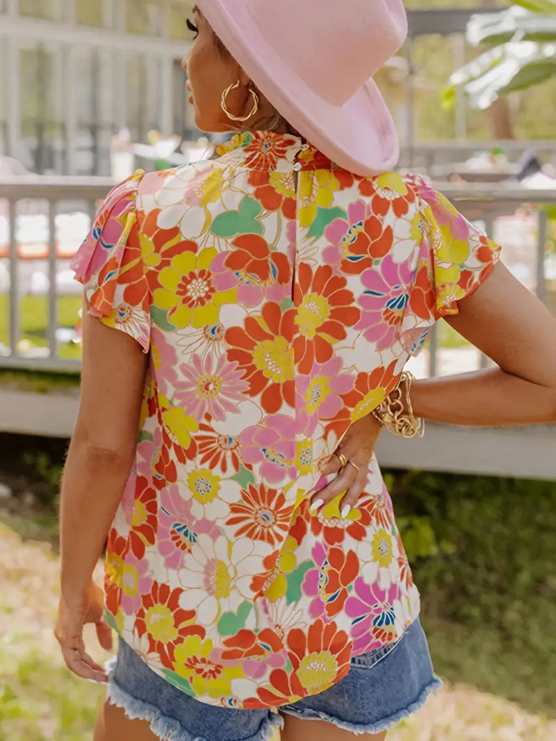 Bright Floral Smock Neck Blouse