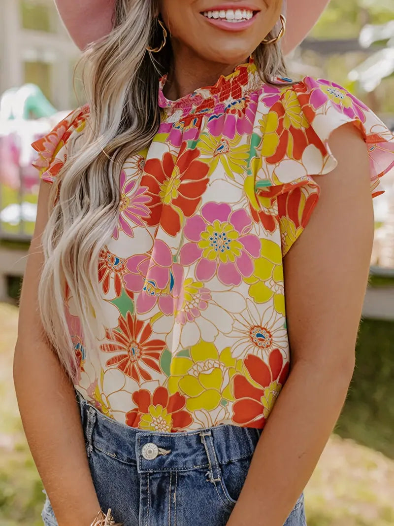 Bright Floral Smock Neck Blouse