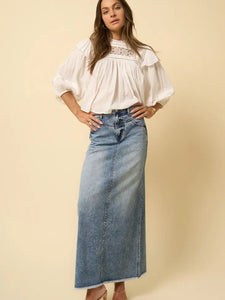 High Rise Flared Maxi Denim Skirt