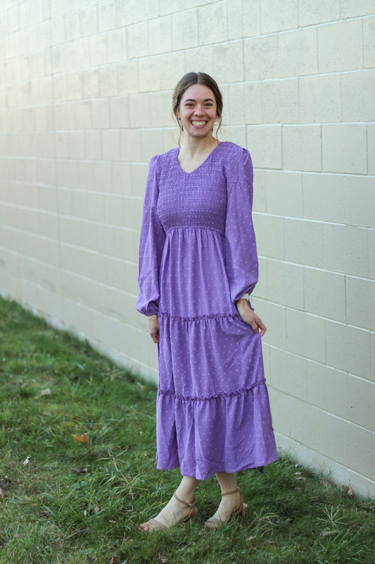 Lilac Swiss Dot Smocked Midi Dress