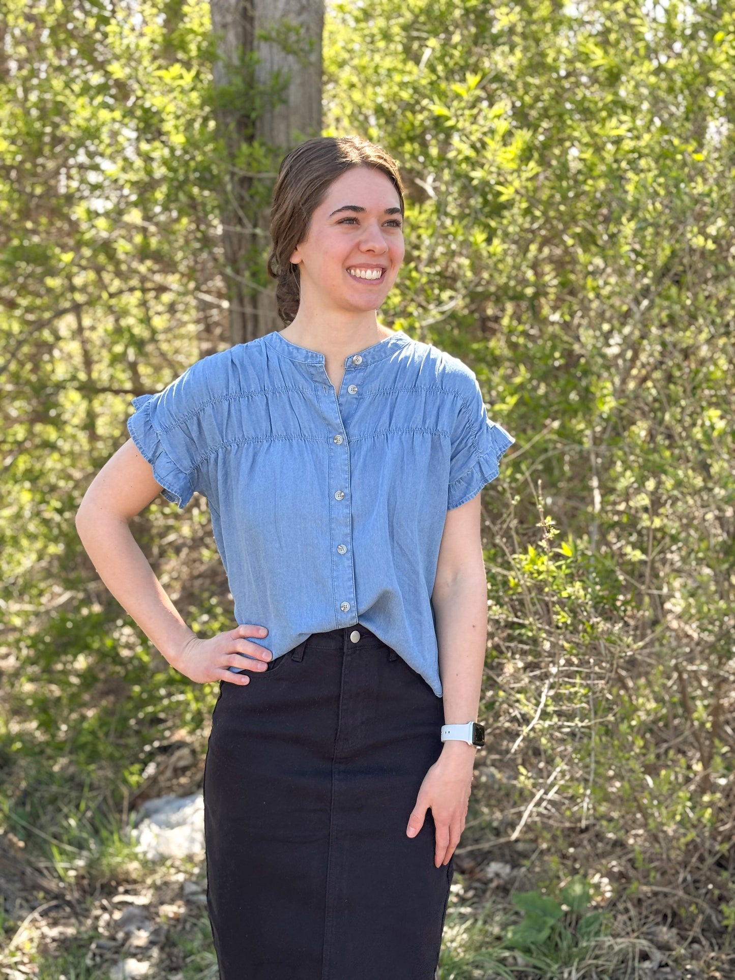 Chambray Ruffle Sleeve Top