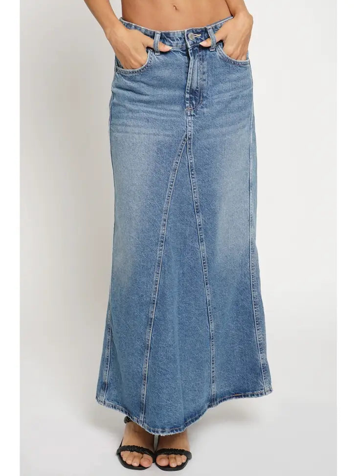 Fit Flare Denim Maxi Skirt