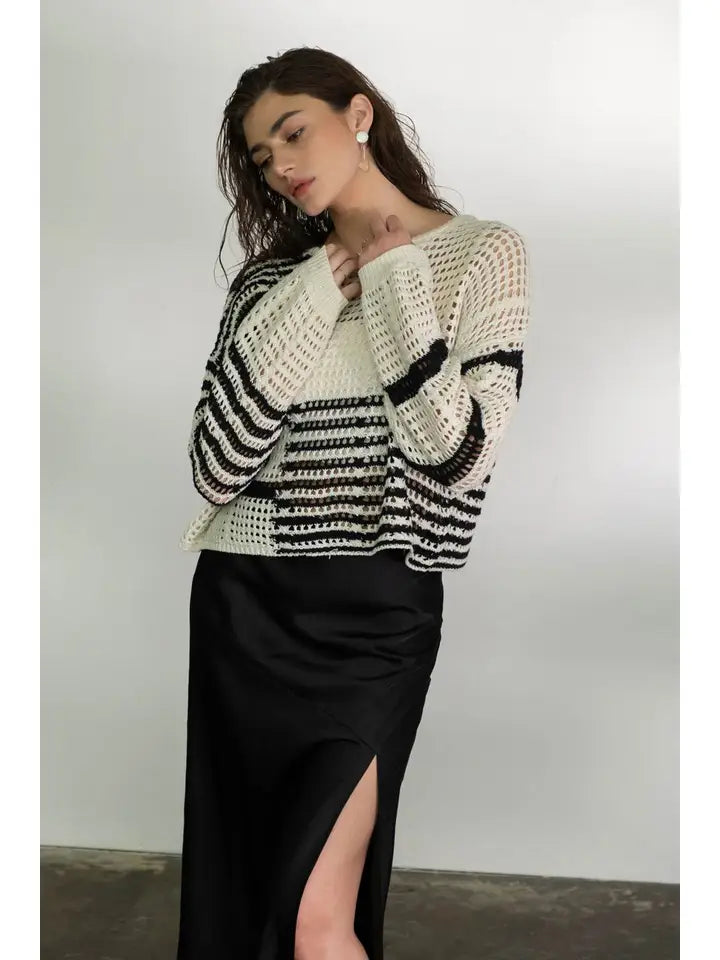 Stripe Colorblock Crochet Sheer Knit Sweater