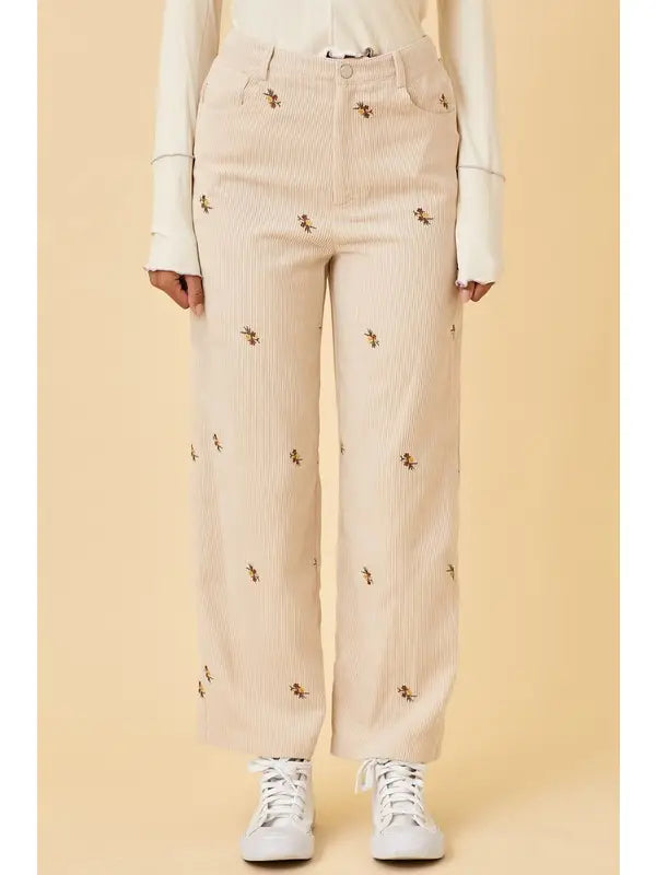 Embroidered Floral Corduroy Pants