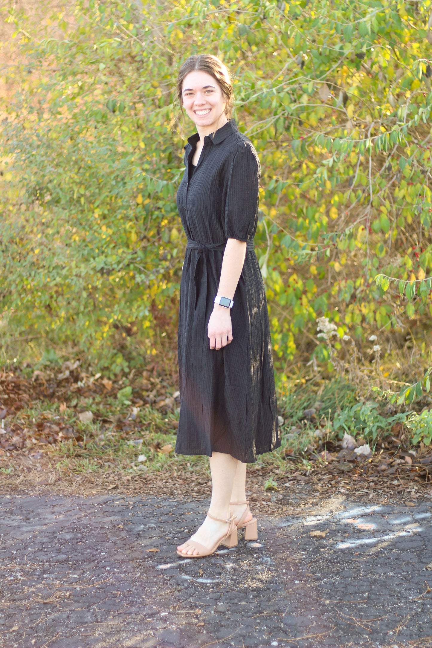 Black Midi V Neck Button Dress
