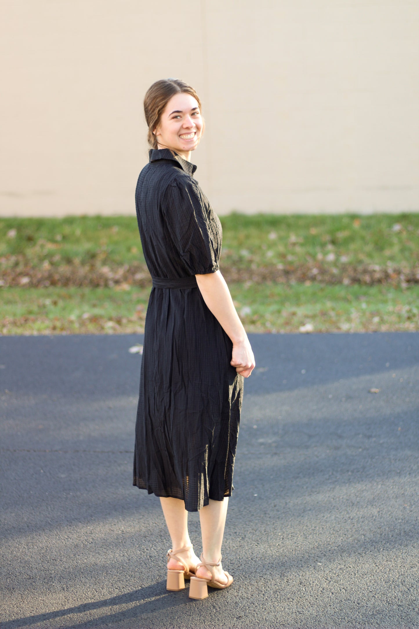 Black Midi V Neck Button Dress