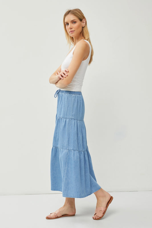 Chambray Tiered Maxi Skirt