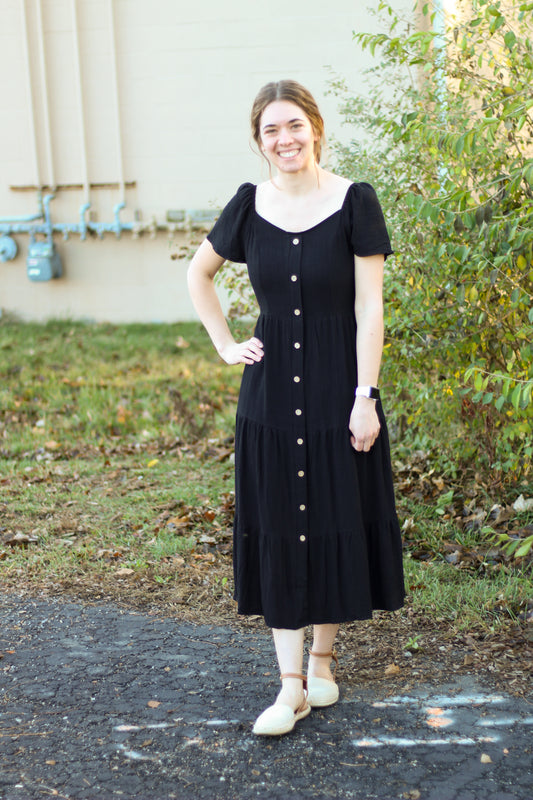 Black V-Neck Button Down Midi Dress