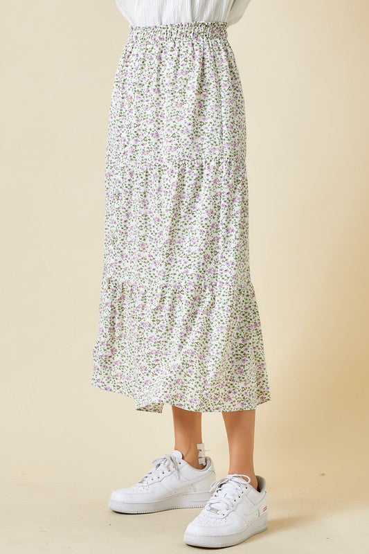 Floral Sage Button Midi Skirt