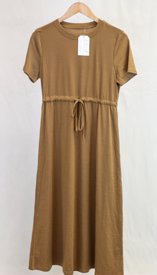 Camel Crewneck Tee Midi Dress