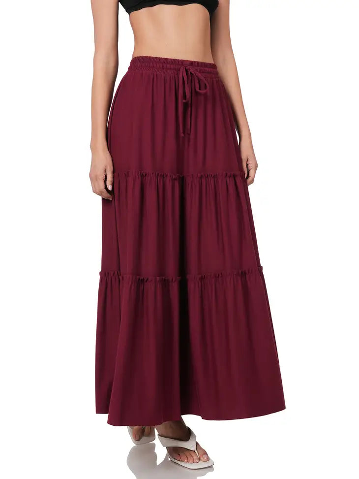 Drawstring Waist Tiered Ruffle Maxi Skirt