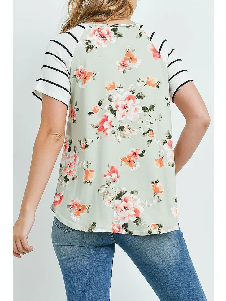Floral Striped Sleeve Tee