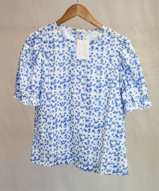 Sky Blue Floral Smocked Puff Sleeve Blouse