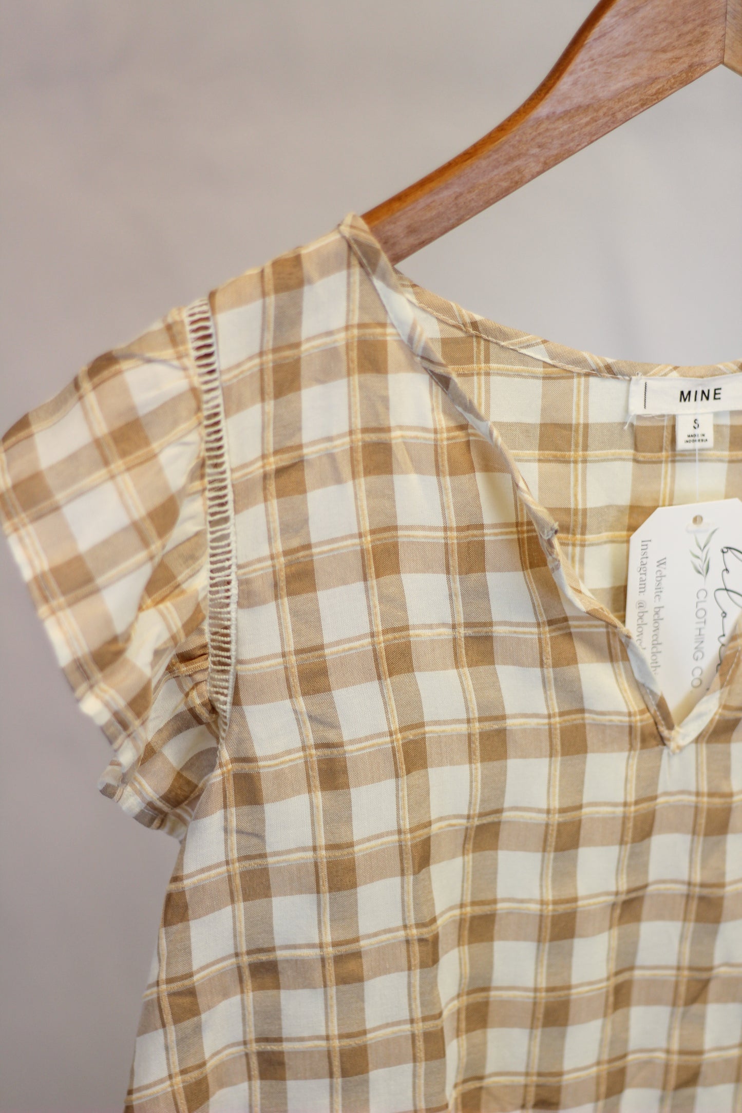 Tan Gingham Patterned Blouse