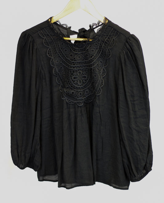 Black Crochet Back Tie Blouse