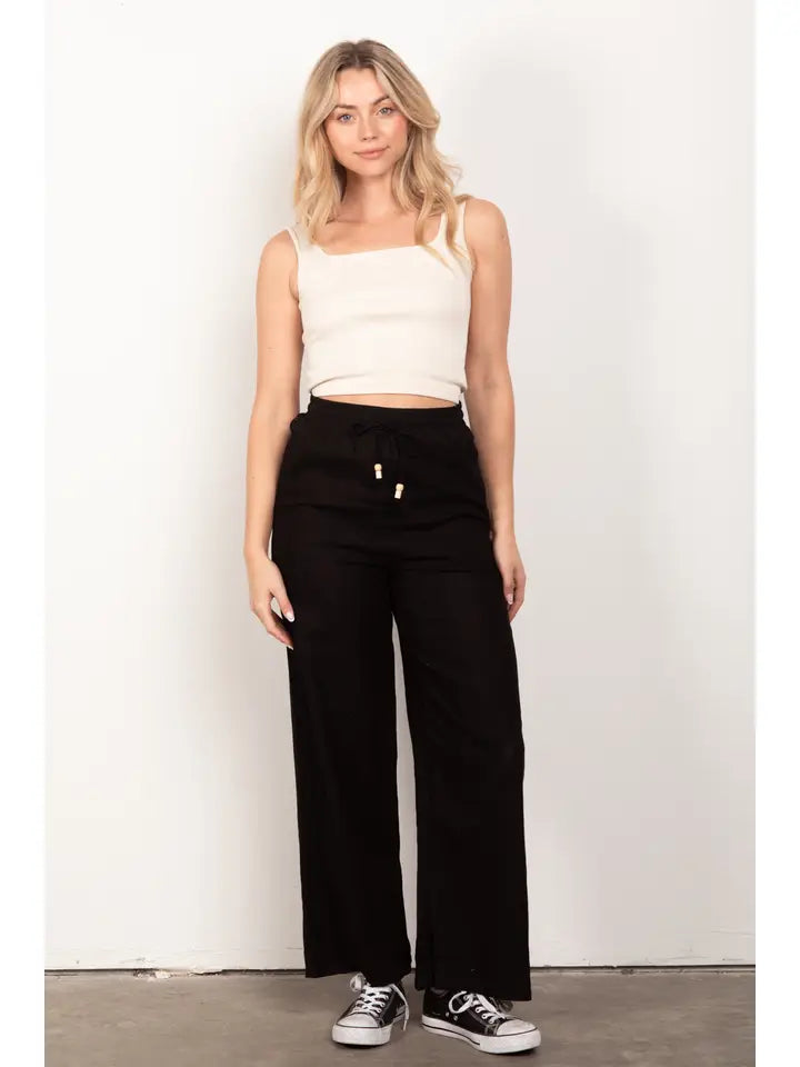 Elastic Waist Solid Linen Comfy Wide Pants